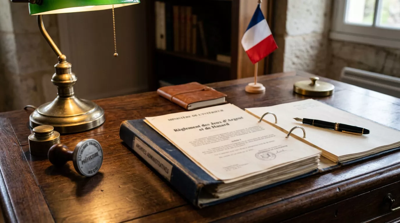 Documents juridiques et tampon officiel symbolisant la régulation des paris sportifs en France