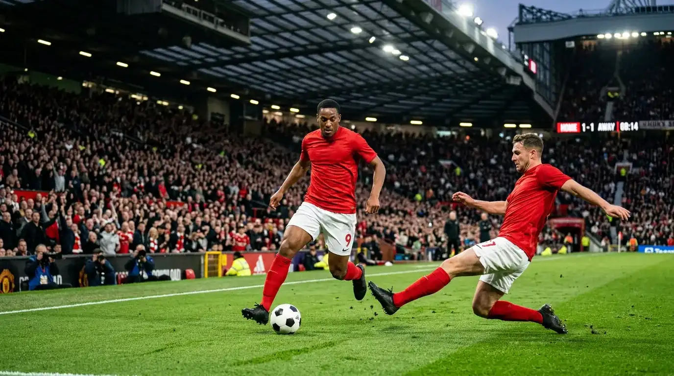 Match de football au stade Anfield avec joueurs en maillot rouge sur la pelouse verte sous les projecteurs